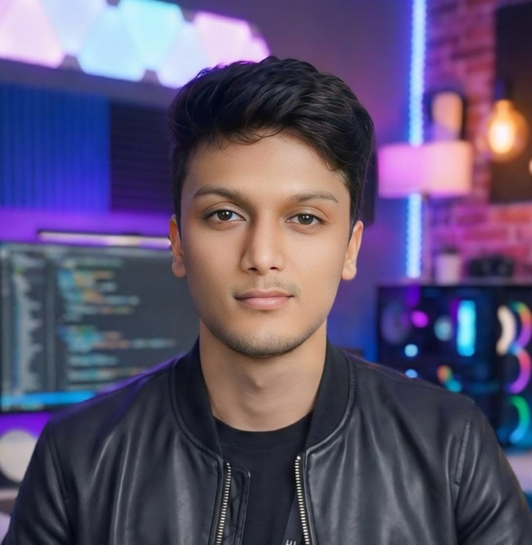 Aayush Bharti, full-stack developer, at his coding workstation