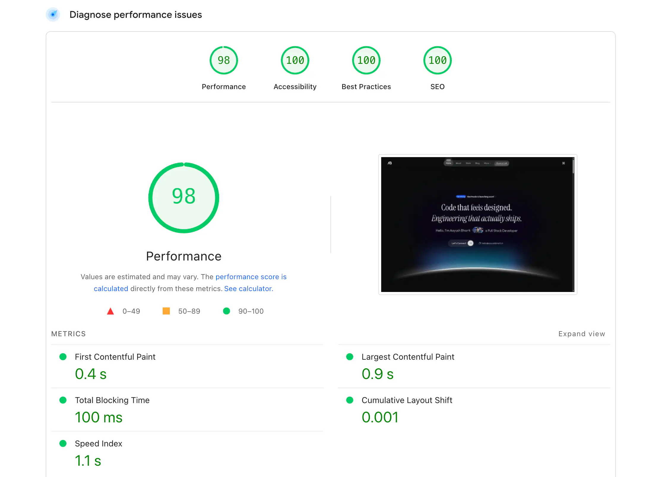 PageSpeed Insights showing 98 performance score with all green metrics