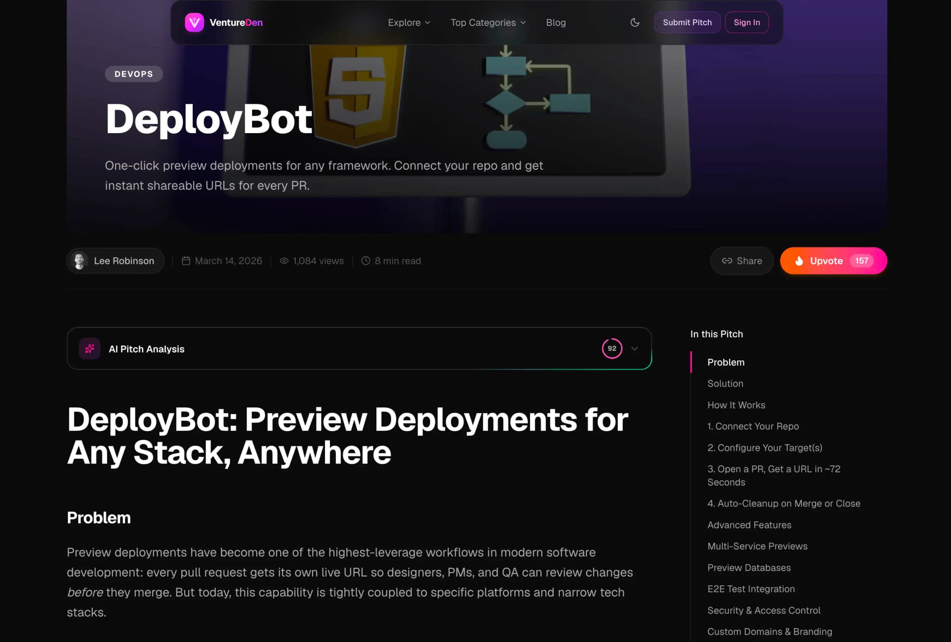 Pitch detail page with the Gemini-powered AI Pitch Analysis panel, table of contents, and upvote button