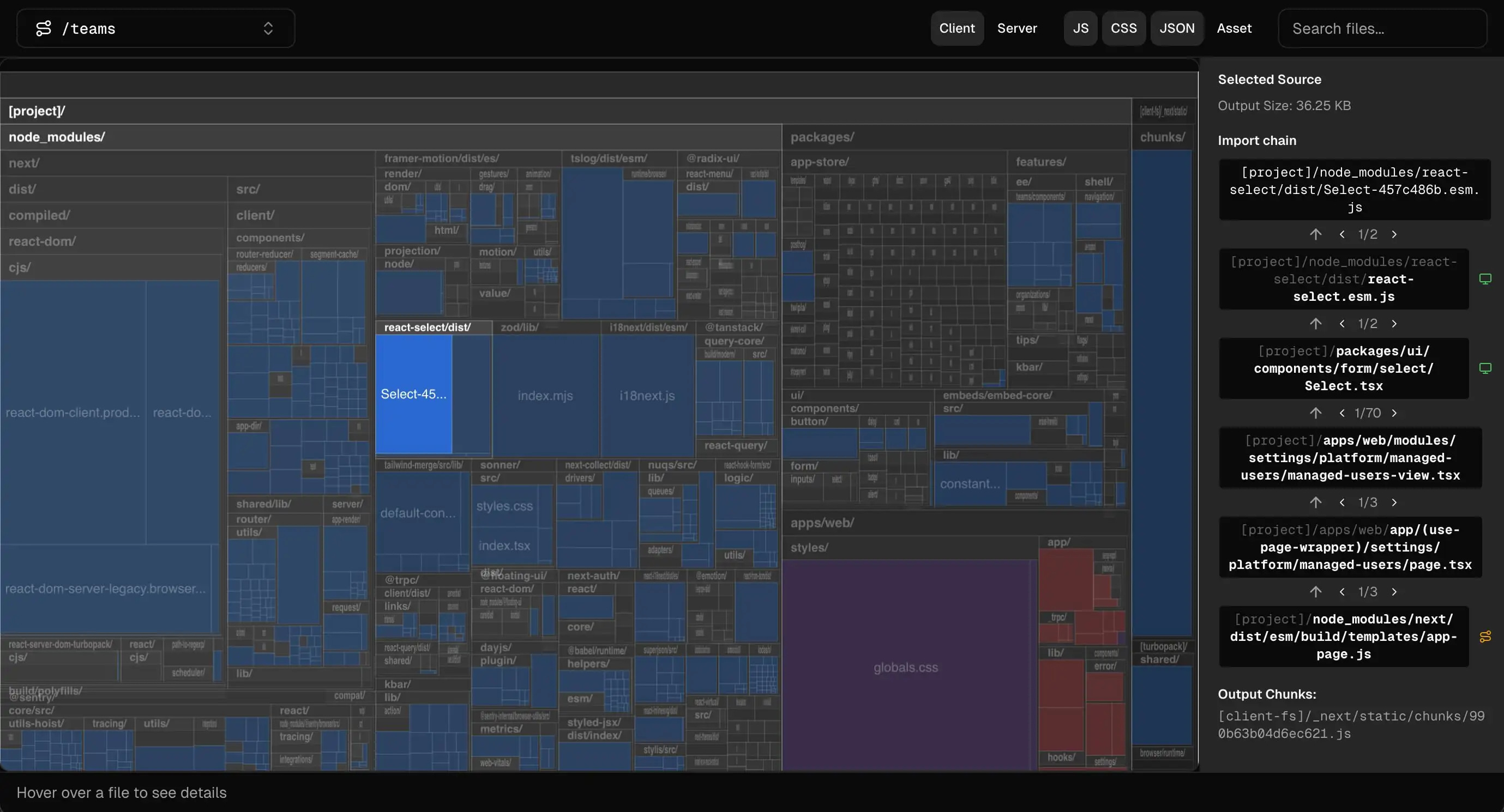 Bundle analyzer treemap showing package sizes