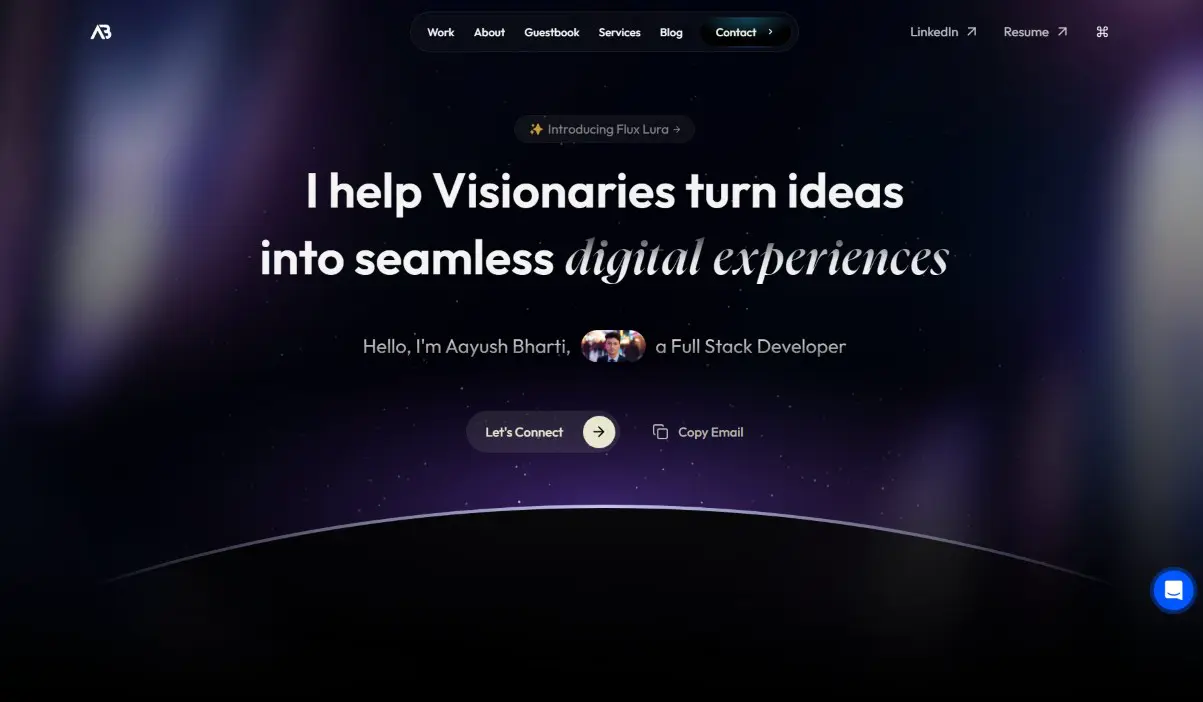 Portfolio homepage — hero section with 3D globe, shader background, and navigation