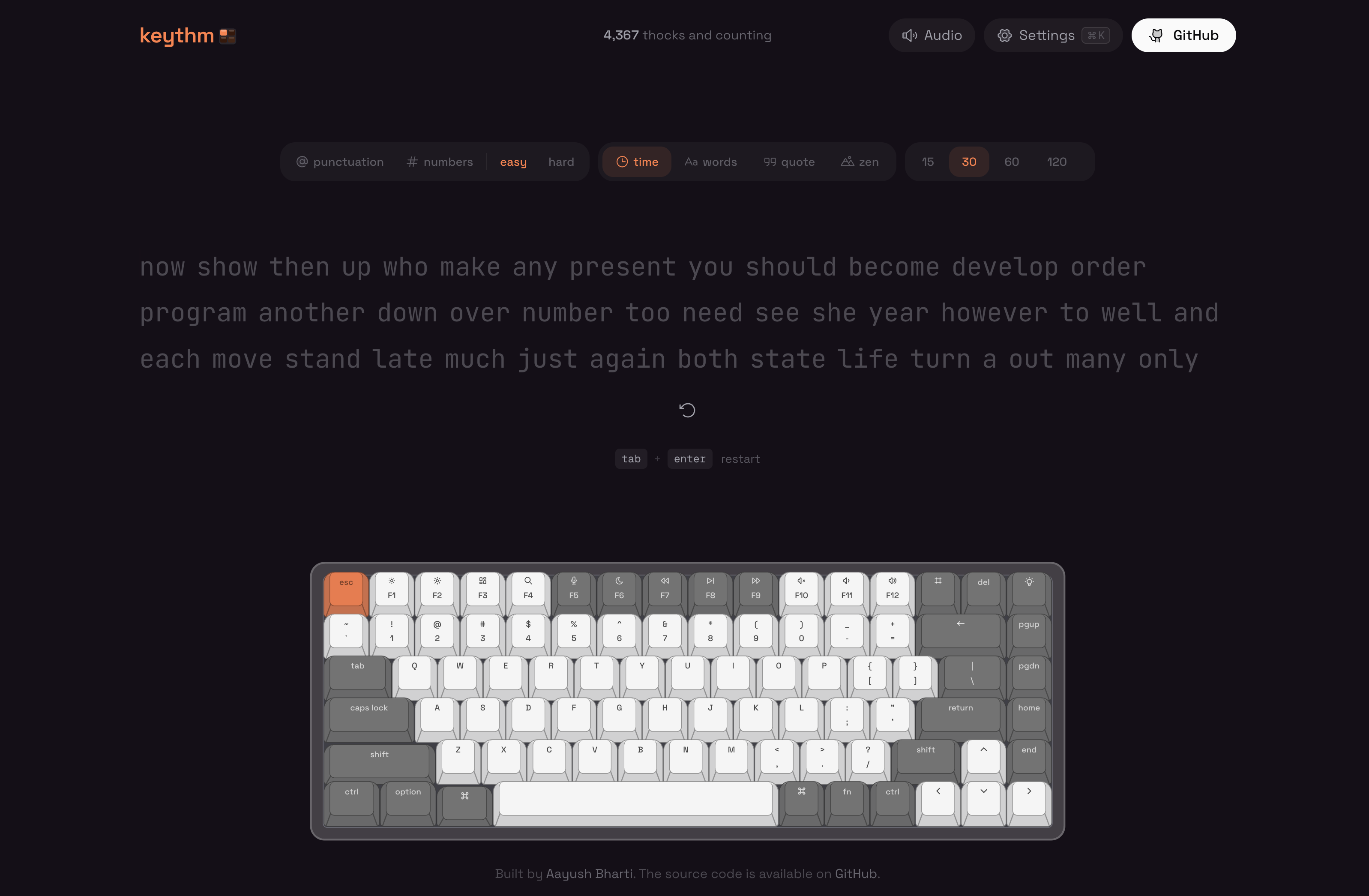 Keythm typing test interface with virtual keyboard
