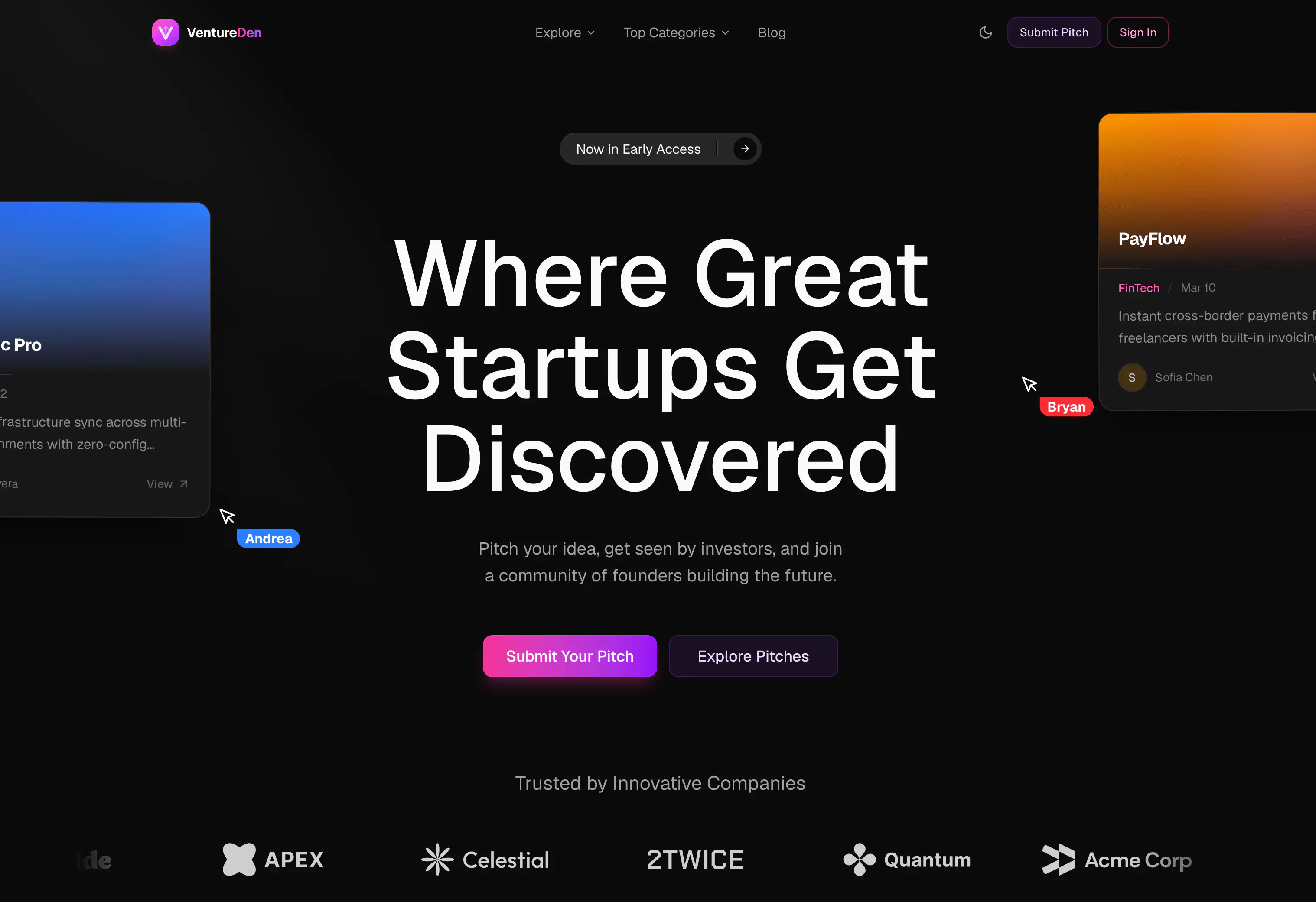 VentureDen homepage hero — Where Great Startups Get Discovered