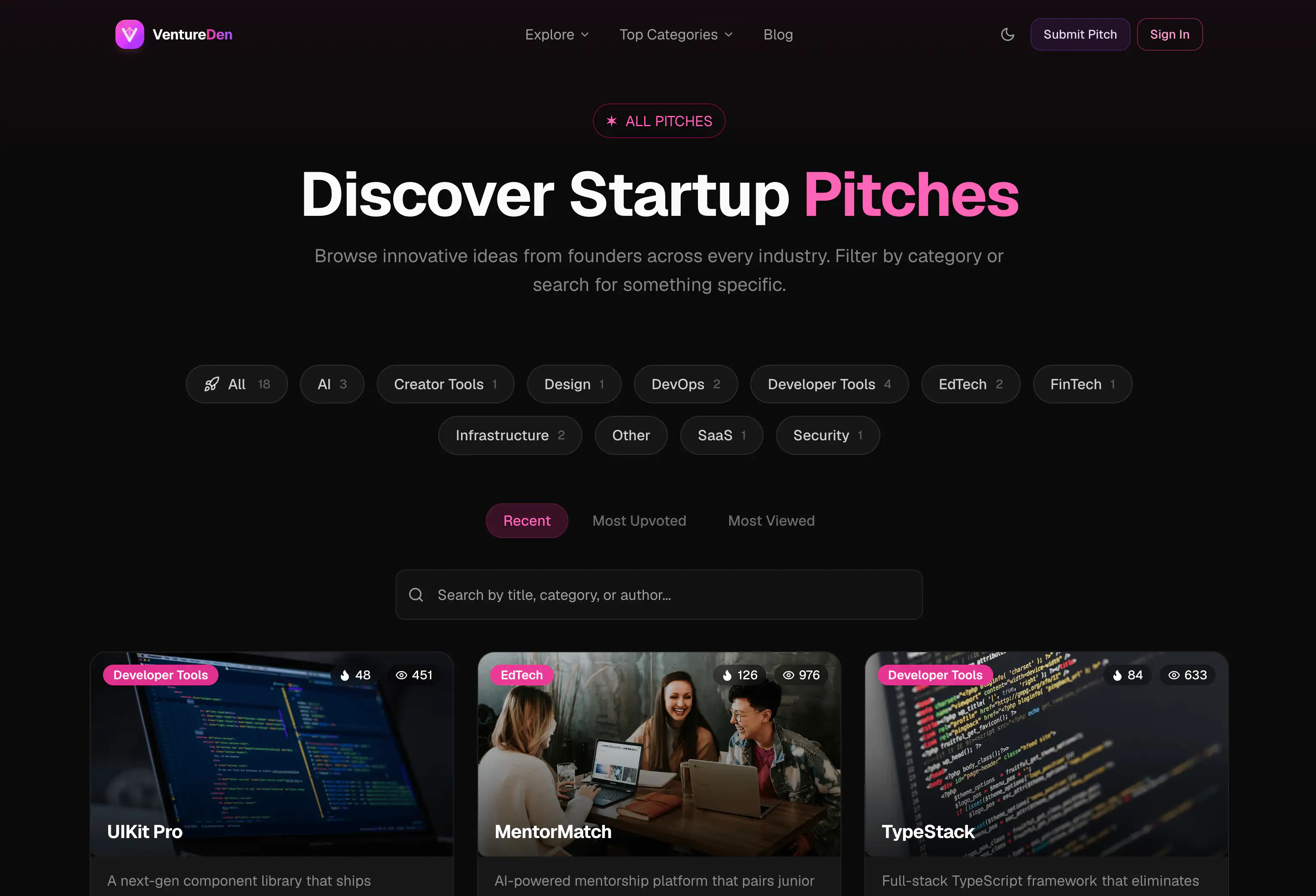 Discover Startup Pitches — category filters, sort, fuzzy search, and pitch cards with upvotes and views