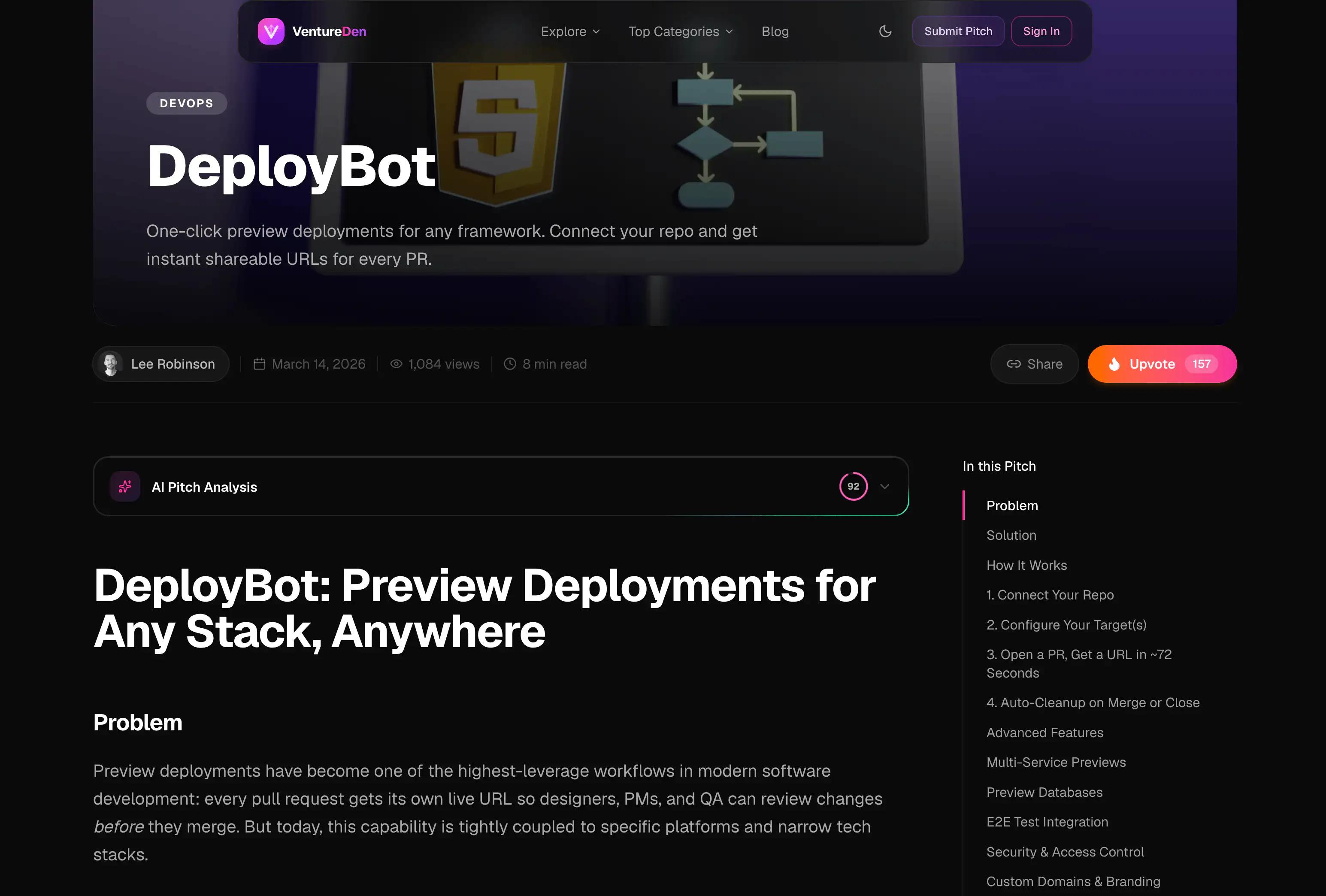 Pitch detail page with the Gemini-powered AI Pitch Analysis panel, table of contents, and upvote button